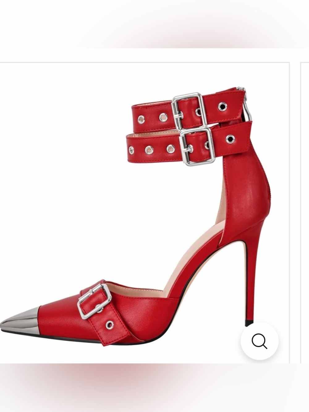 Red Pointed Metal-Toe Ankle-Strap Stiletto Pumps